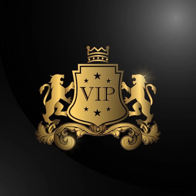 Gold VIP coat of arms emblem with crown, lions, and decorative scrollwork on dark background